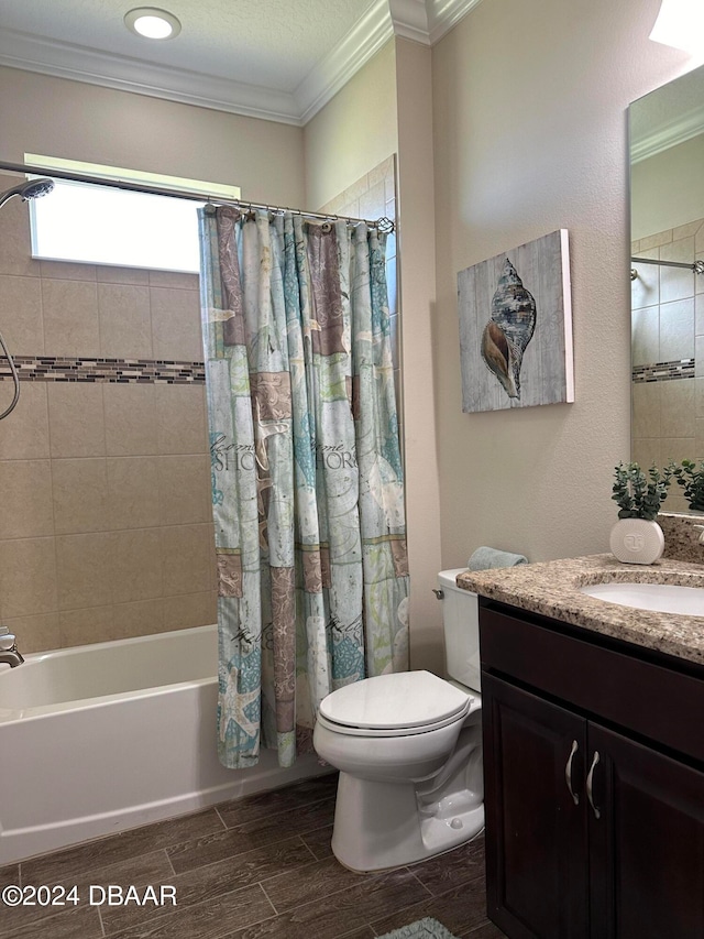 full bathroom with crown molding, a textured ceiling, toilet, shower / tub combo with curtain, and vanity