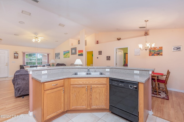 kitchen with a kitchen island with sink, sink, light hardwood / wood-style flooring, black dishwasher, and lofted ceiling