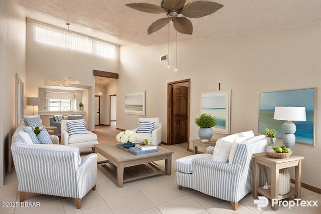 1260 Charter Oaks Cir, Holly Hill, FL 32117 - living room with light tile patterned floors, a towering ceiling, and ceiling fan