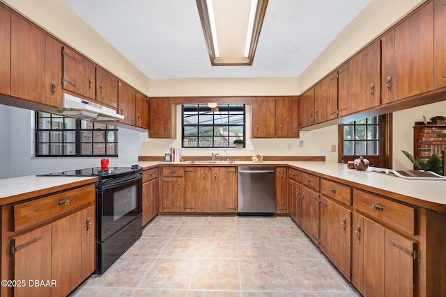 1 River Bluff Ct, Ormond Beach, FL 32174 - kitchen with stainless steel dishwasher, black range with electric cooktop, under cabinet range hood, and brown cabinetry