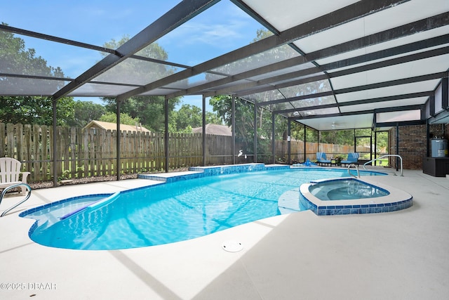 1 River Bluff Ct, Ormond Beach, FL 32174 - view of pool with a pool with connected hot tub, a fenced backyard, a patio, and glass enclosure