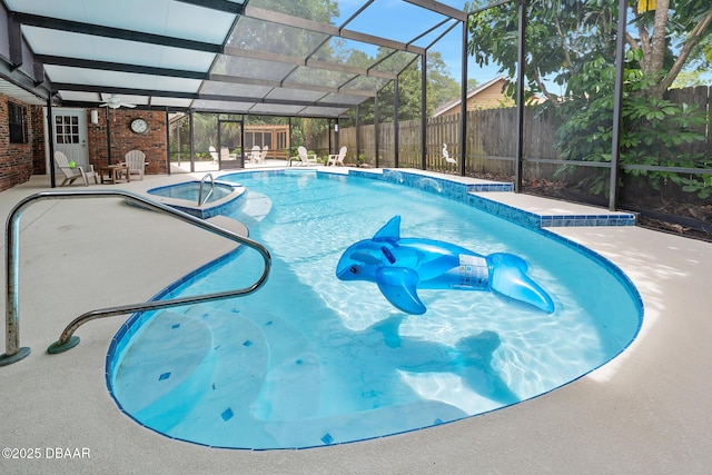 1 River Bluff Ct, Ormond Beach, FL 32174 - view of pool featuring a fenced backyard, a patio area, a ceiling fan, a pool with connected hot tub, and glass enclosure