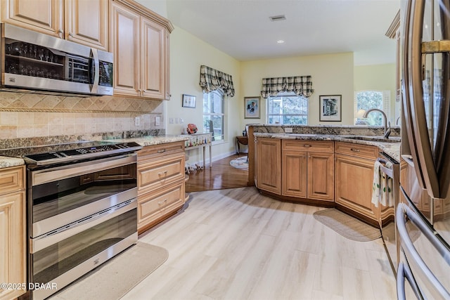 kitchen featuring light stone counters, stainless steel appliances, sink, and backsplash