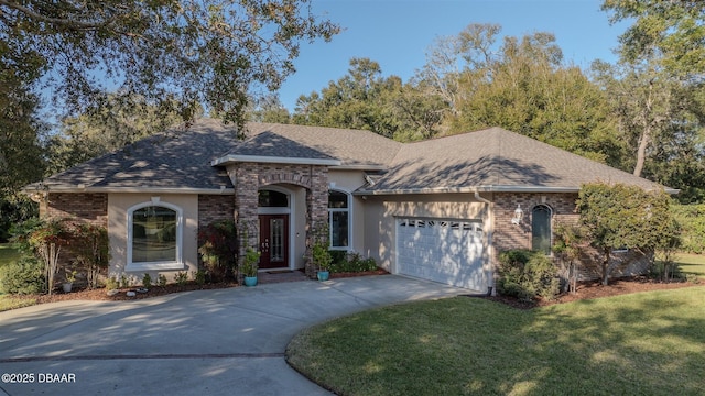 ranch-style house with a garage and a front yard