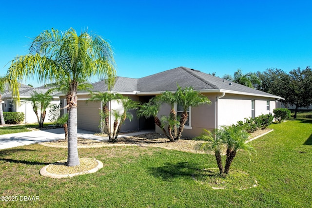 single story home featuring a garage and a front lawn