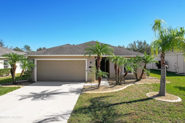 single story home with a garage and a front lawn