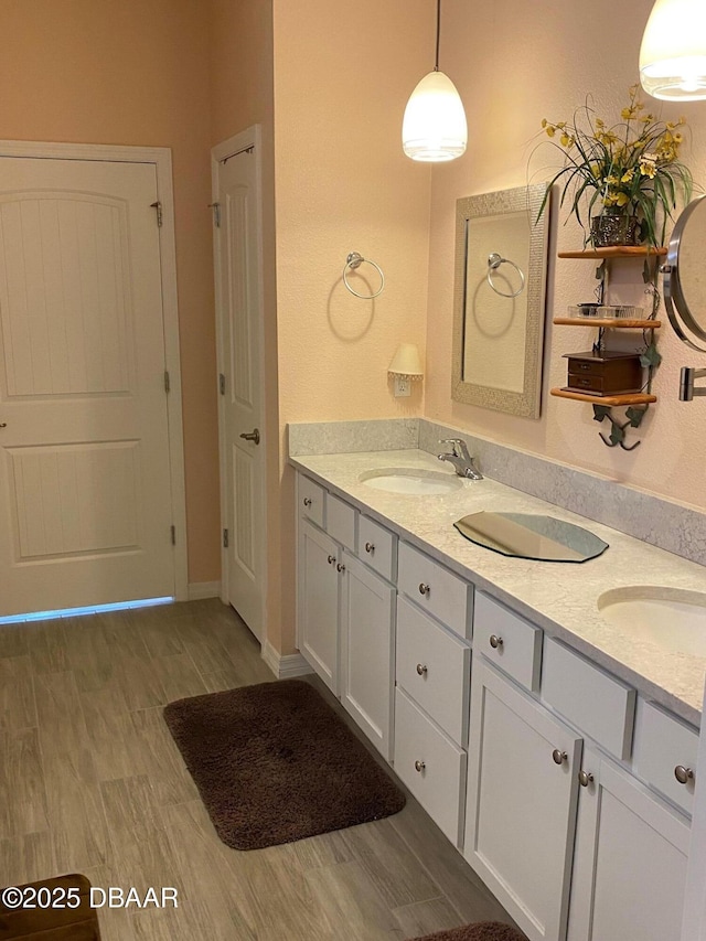 bathroom with double vanity, wood finished floors, and a sink