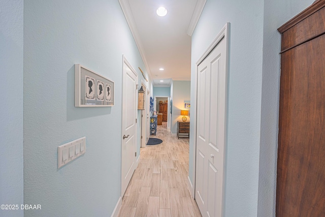 hallway with light wood-type flooring and crown molding