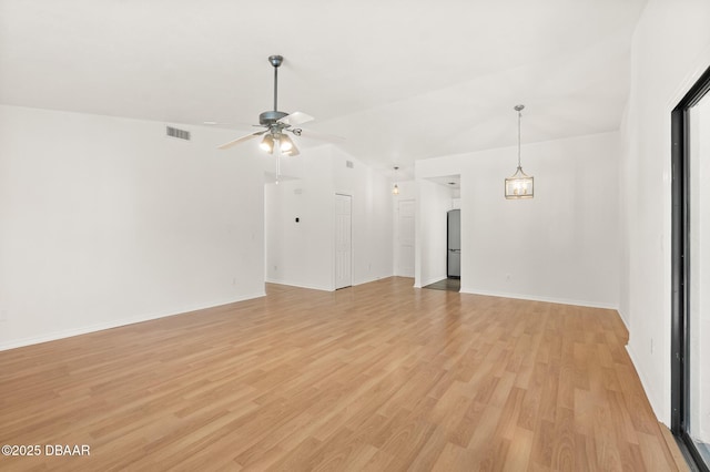 1197 Stillwood Ct, Port Orange, FL 32129 - unfurnished living room with baseboards, a ceiling fan, visible vents, and light wood-style flooring
