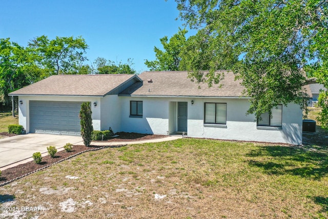 1197 Stillwood Ct, Port Orange, FL 32129 - ranch-style house with a shingled roof, a front lawn, stucco siding, an attached garage, and driveway