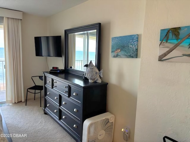 bedroom with light colored carpet