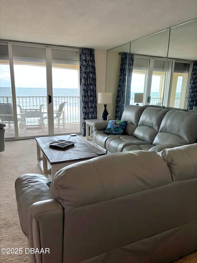 carpeted living room with a water view and a textured ceiling