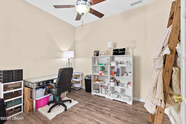 home office featuring ceiling fan and wood-type flooring