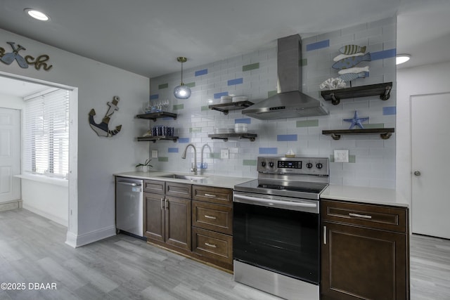 39 Seaview Dr, Ormond Beach, FL 32176 - kitchen with appliances with stainless steel finishes, wall chimney range hood, open shelves, decorative backsplash, and a sink