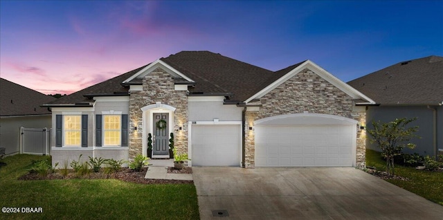 view of front facade featuring a lawn and a garage