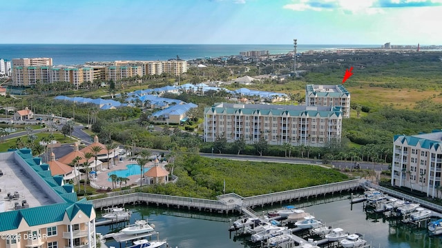 aerial view featuring a water view