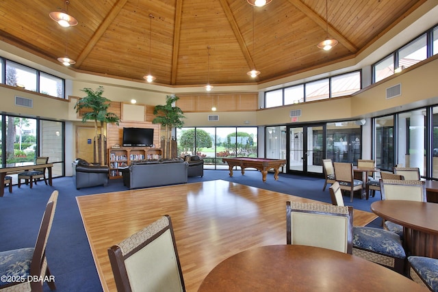 dining room with wood ceiling, vaulted ceiling, billiards, and french doors