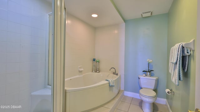 bathroom with toilet, independent shower and bath, and tile patterned flooring