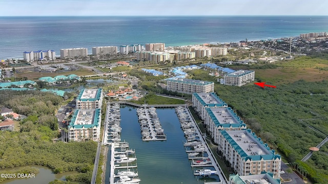 bird's eye view with a water view