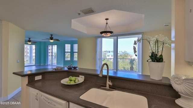 kitchen featuring a tray ceiling, dishwasher, sink, and a wealth of natural light