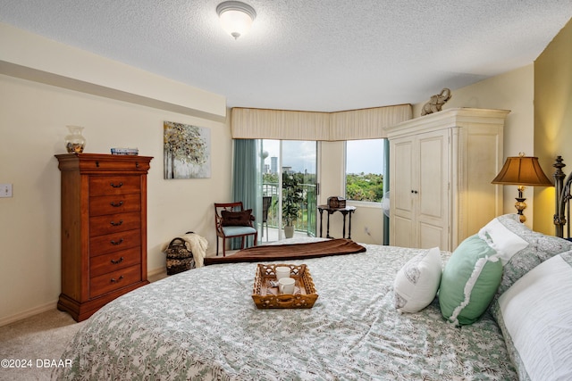 bedroom with a textured ceiling and carpet