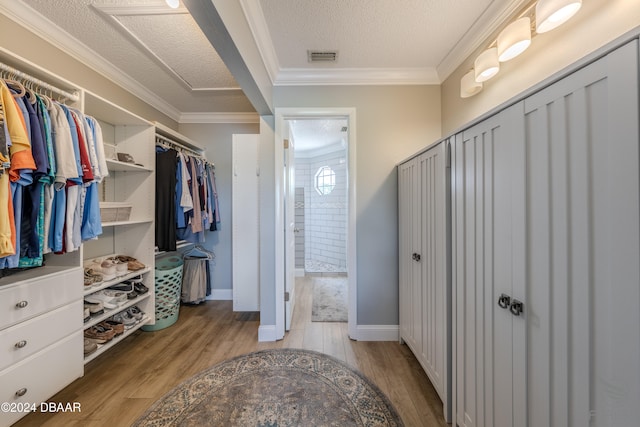 walk in closet with light hardwood / wood-style floors