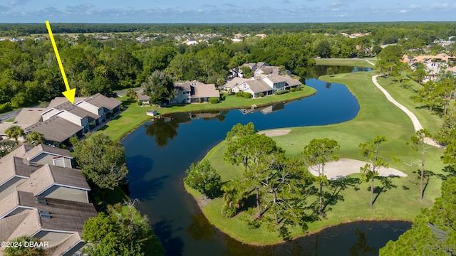 bird's eye view with a water view