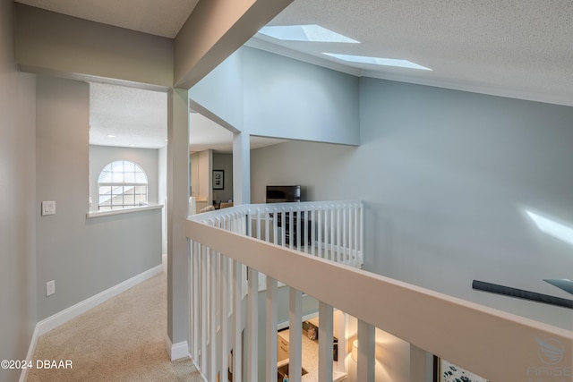 corridor featuring a textured ceiling, light carpet, and a skylight