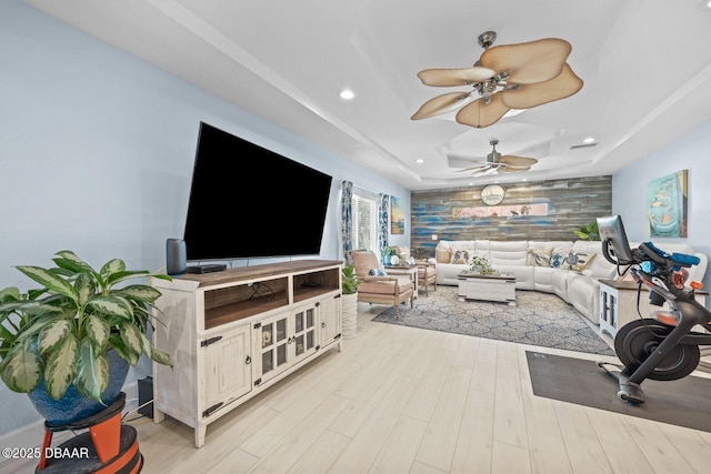 1942 N Daytona Ave, Flagler Beach, FL 32136 - living room featuring a ceiling fan, light wood finished floors, and recessed lighting