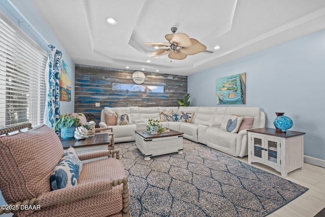 1942 N Daytona Ave, Flagler Beach, FL 32136 - living room featuring recessed lighting, a ceiling fan, wood finished floors, and baseboards