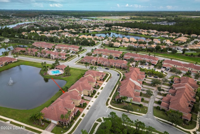 drone / aerial view featuring a water view