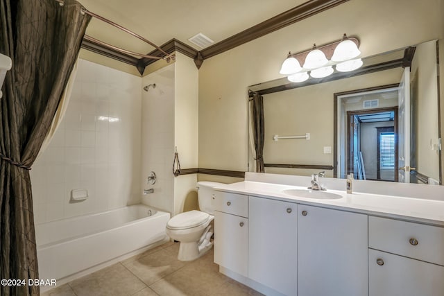 full bathroom featuring vanity, tile patterned floors, toilet, ornamental molding, and shower / tub combo