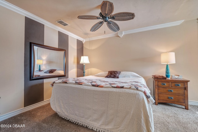 bedroom featuring carpet flooring, ceiling fan, and ornamental molding