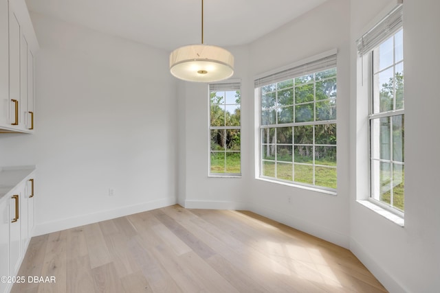 unfurnished dining area featuring plenty of natural light, baseboards, and light wood-style floors