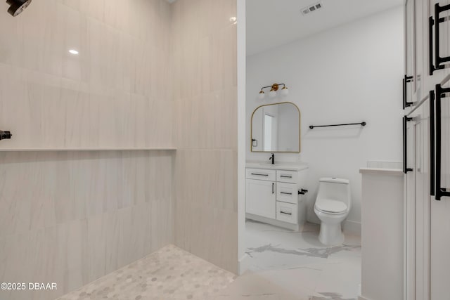 bathroom with marble finish floor, visible vents, toilet, vanity, and tiled shower