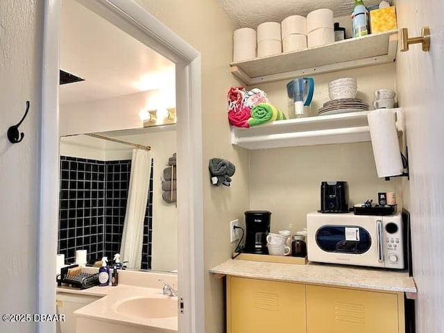 interior space featuring vanity and walk in shower