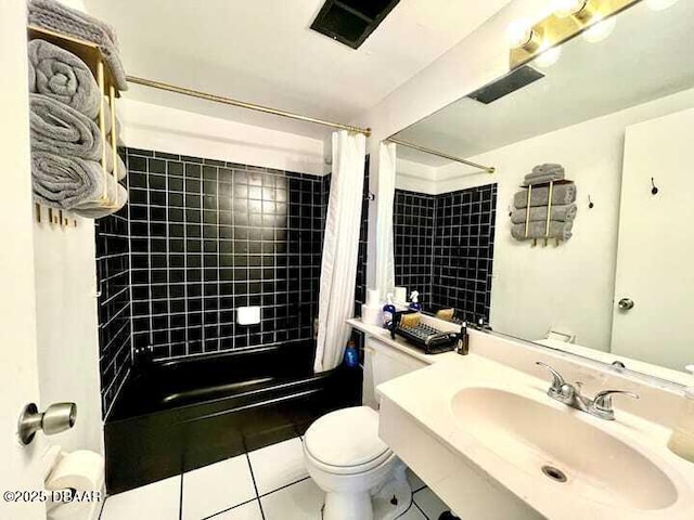 full bathroom with toilet, tile patterned flooring, sink, and shower / bath combo with shower curtain