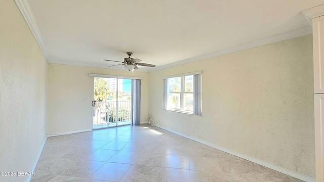 spare room featuring ceiling fan and ornamental molding