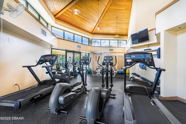 exercise room with high vaulted ceiling, wood ceiling, visible vents, and baseboards