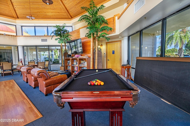 rec room featuring pool table, wooden ceiling, carpet flooring, and visible vents