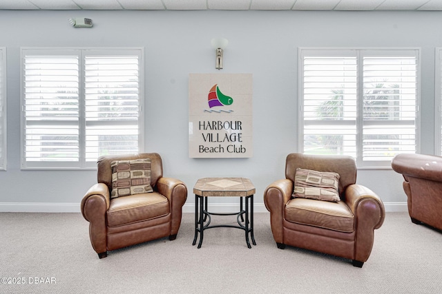 sitting room featuring carpet floors, a healthy amount of sunlight, and baseboards