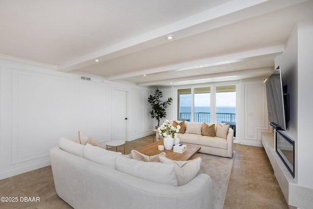 4545 S Atlantic Ave Unit 3604, Ponce Inlet, FL 32127 - living room with a decorative wall, beamed ceiling, recessed lighting, and light tile patterned floors