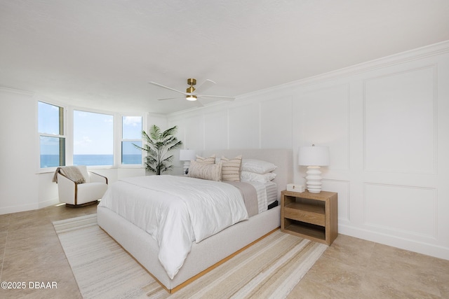 4545 S Atlantic Ave Unit 3604, Ponce Inlet, FL 32127 - bedroom featuring a decorative wall, a water view, ornamental molding, light tile patterned floors, and ceiling fan
