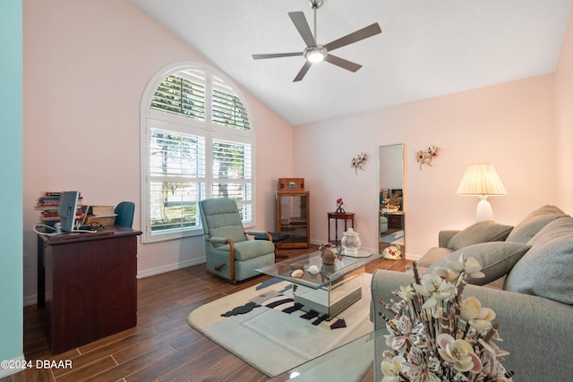 living room with high vaulted ceiling, ceiling fan, a healthy amount of sunlight, and dark hardwood / wood-style floors