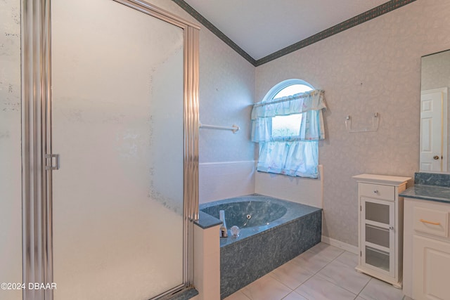 bathroom with tile patterned flooring, vanity, crown molding, and independent shower and bath