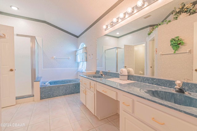 bathroom with lofted ceiling, tile patterned floors, plus walk in shower, ornamental molding, and vanity