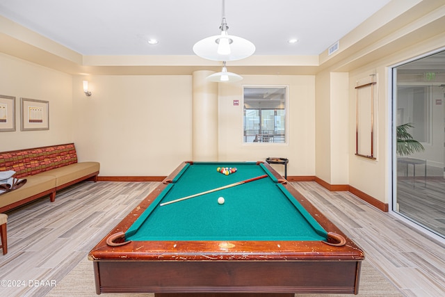 rec room with pool table and light wood-type flooring