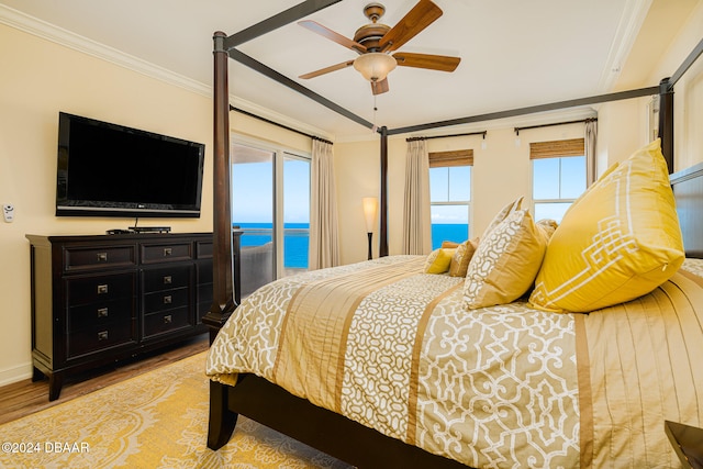 bedroom featuring ceiling fan, multiple windows, light hardwood / wood-style floors, and access to exterior