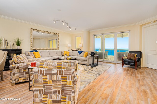 living room with ornamental molding, light wood-type flooring, and a water view