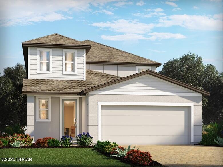 181 Links Terrace Blvd, Daytona Beach, FL 32124 - view of front facade with a shingled roof, driveway, an attached garage, and stucco siding